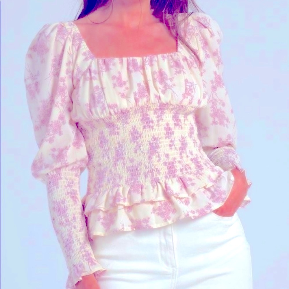NWT CISTAR SMOCKED FLORAL LONG PUFF RUFFLED SLEEVE FABLE BLOUSE Sz L